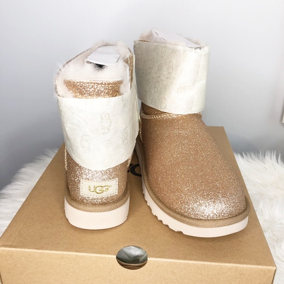 UGG Mini Bailey Bow Gold Sparkle Boots Glitter NEW - Picture 3 of 8